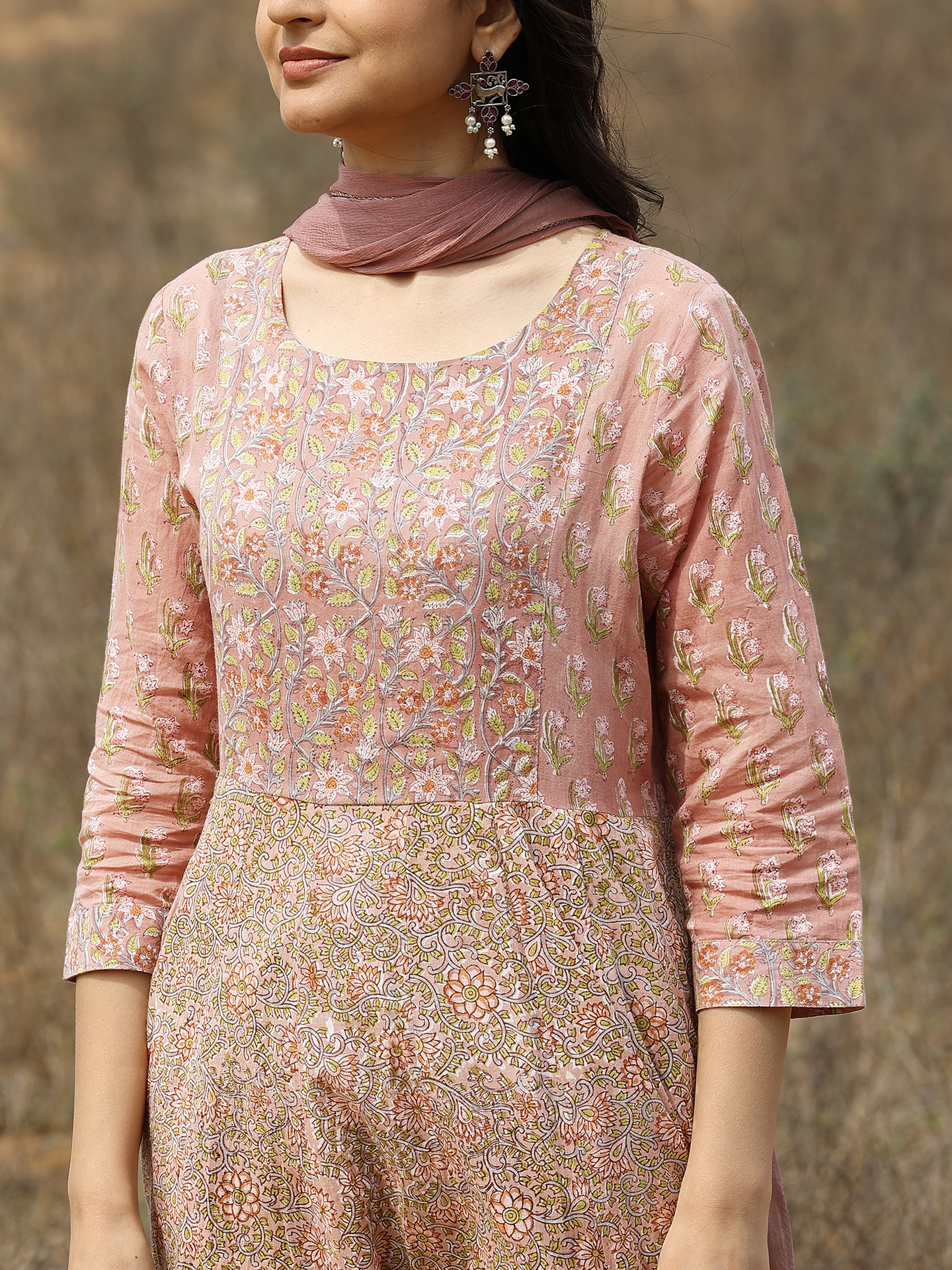 Light Brown Hand Block Cotton Printed Anarkali Kurta Set with Pant & Chiffon Dupatta
